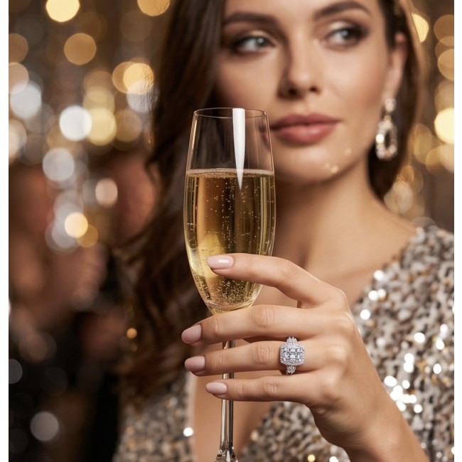 Carolyn - Precious 35.5 carta White Topaz rhodium over .925 Sterling Silver .925 Sterling Silver Statement ring size 6 1/4 - Hand wearing Carolyn ring holding a champagne glass in an elegant setting