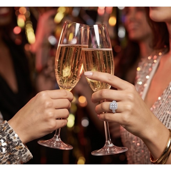Carolyn - Precious 35.5 carta White Topaz rhodium over .925 Sterling Silver .925 Sterling Silver Statement ring size 6 1/4 - Ring worn on hand holding champagne glass, celebrating.