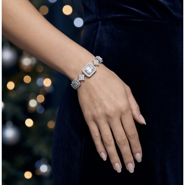 Carolyn - Precious 15.7 carta White Topaz rhodium over .925 Sterling Silver .925 Sterling Silver Statement Bracelet - Bracelet worn on hand, sparkling white topaz detail visible
