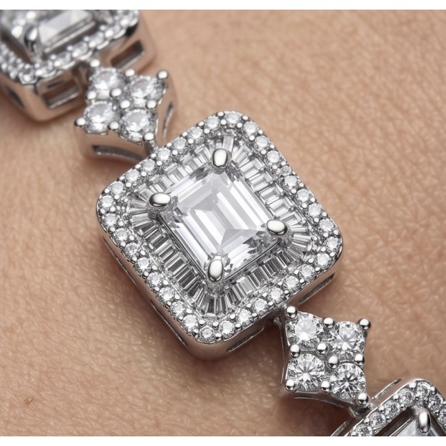 Carolyn - Precious 15.7 carta White Topaz rhodium over .925 Sterling Silver .925 Sterling Silver Statement Bracelet - Close-up of Carolyn white topaz with rhodium detail, worn on skin.