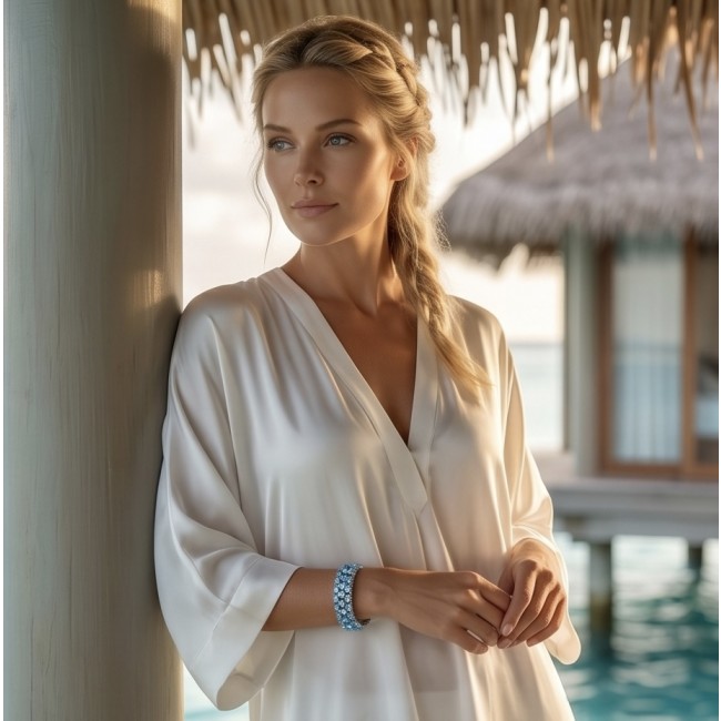 Serenity - Spectacular authentic 145.5 carat Swiss Blue Topaz .925 Sterling Silver handmade bangle Bracelet - Woman wearing Serenity bracelet, side view with Swiss Blue Topaz stones.