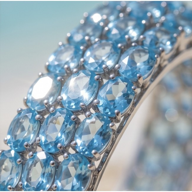 Serenity - Spectacular authentic 145.5 carat Swiss Blue Topaz .925 Sterling Silver handmade bangle Bracelet - Close-up of 145.5 carat Swiss Blue Topaz stones in silver setting.