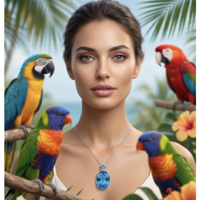 Paradise Found - Vintage style 26.8 carat Swiss Blue Topaz .925 Sterling Silver DIPPED IN RHODIUM handmade Pendant - Model wearing Paradise Found necklace surrounded by colorful parrots