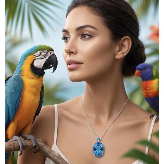 Paradise Found - Vintage style 26.8 carat Swiss Blue Topaz .925 Sterling Silver DIPPED IN RHODIUM handmade Pendant - Woman wearing Paradise Found necklace with macaws in tropical setting