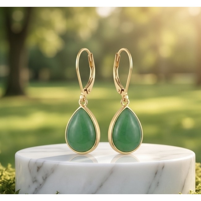 Unique genuine Jade 18K Gold over over .925 Sterling Silver handcrafted earrings - Teardrop jade earrings on marble stand, front view.