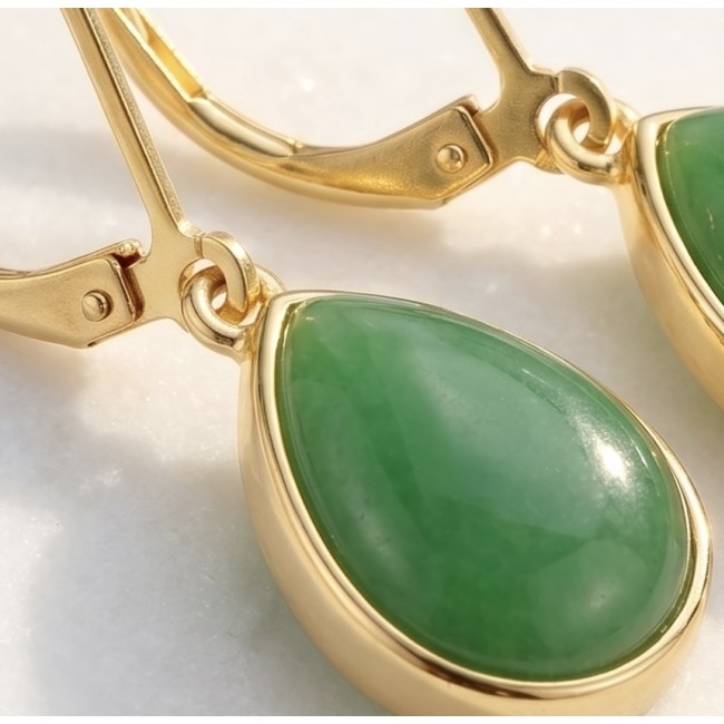 Unique genuine Jade 18K Gold over over .925 Sterling Silver handcrafted earrings - Close-up of jade stone earrings in 18K gold over sterling silver.