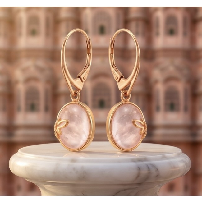 Authentic 10.2 carat Rose Quartz 14K Gold over .925 Silver handcrafted Statement earrings - Rose Quartz earrings front view on marble pedestal, 14K Gold over silver.