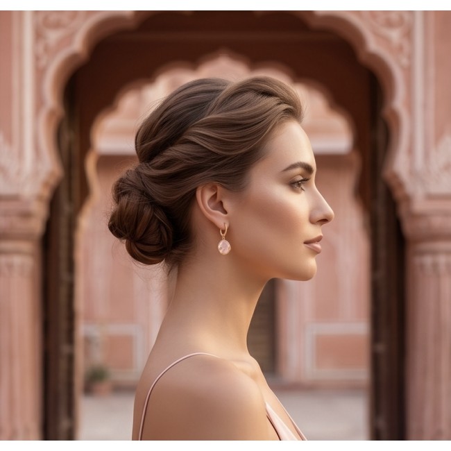 Authentic 10.2 carat Rose Quartz 14K Gold over .925 Silver handcrafted Statement earrings - Side view of woman wearing rose quartz earrings in elegant setting.