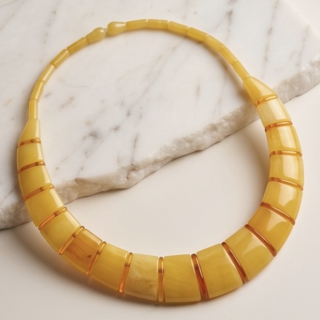 Dazzling - Rare!- vintage Style- natural Butterscotch Baltic Amber .925 Sterling Silver handcrafted necklace - Necklace on marble, front view, showcasing yellow butterscotch beads