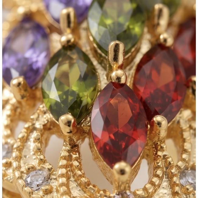 Classy Beauty - authentic 8.7 carat multigem .925 Sterling Silver dipped in 14K Gold Eternity Ring size 6 - Close-up of multigem stones in gold setting, featuring red, green, and purple.