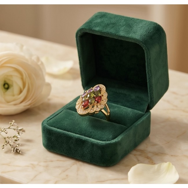 Classy Beauty - authentic 8.7 carat multigem .925 Sterling Silver dipped in 14K Gold Eternity Ring size 6 - Multigem ring in green velvet box, angled view.