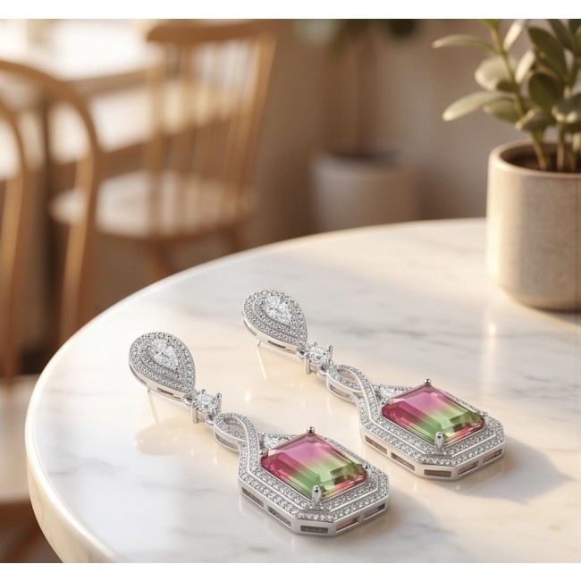 Luxurious 7.5 carat Brazilian Watermelon Tourmaline .925 Sterling Silver Handcrafted Earrings - Elegant Brazilian Watermelon Tourmaline earrings on marble table.