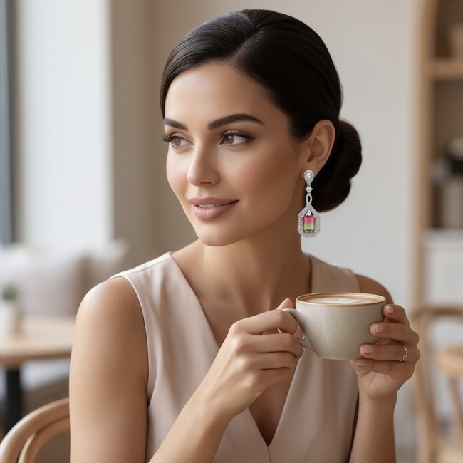 Luxurious 7.5 carat Brazilian Watermelon Tourmaline .925 Sterling Silver Handcrafted Earrings - Woman wearing luxurious tourmaline earrings, side profile