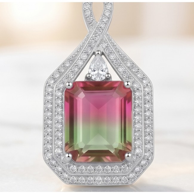 Luxurious 7.5 carat Brazilian Watermelon Tourmaline .925 Sterling Silver Handcrafted Earrings - Watermelon tourmaline pendant close-up with diamond accents