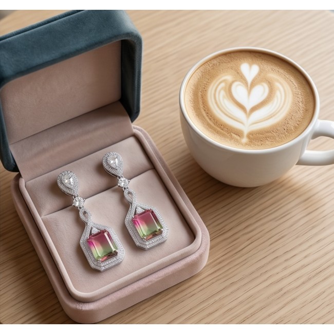 Luxurious 7.5 carat Brazilian Watermelon Tourmaline .925 Sterling Silver Handcrafted Earrings - Earrings with watermelon tourmaline in a box next to a latte.