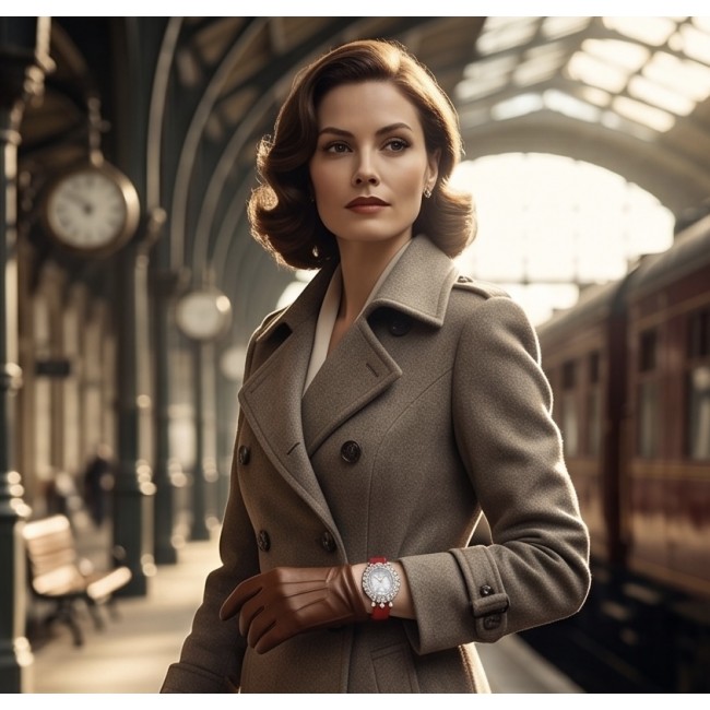 Precious 22.5 carat Authentic White Topaz Genuine red Leather strap .925 Sterling Silver handmade Watch - Elegant woman wearing the Precious white topaz watch at a train station.