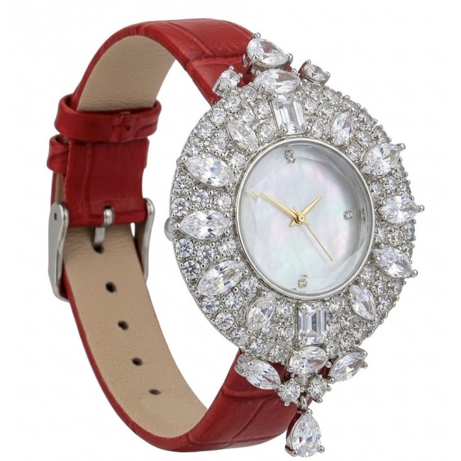 Precious 22.5 carat Authentic White Topaz Genuine red Leather strap .925 Sterling Silver handmade Watch - Elegant watch with diamonds and red leather strap, side view.