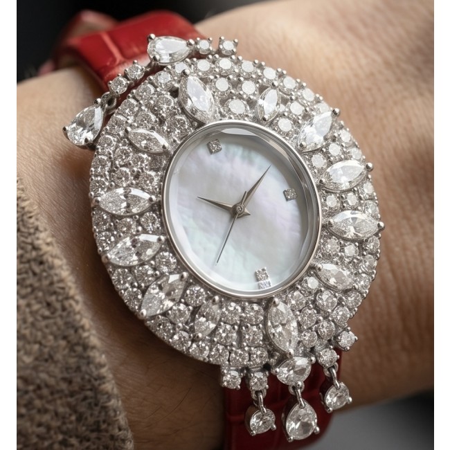 Precious 22.5 carat Authentic White Topaz Genuine red Leather strap .925 Sterling Silver handmade Watch - Watch with white topaz and red leather, worn on wrist close-up view.