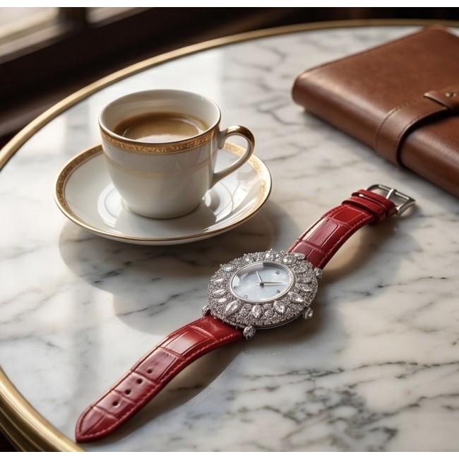 Precious 22.5 carat Authentic White Topaz Genuine red Leather strap .925 Sterling Silver handmade Watch - Red leather watch with white topaz, marble table, coffee, and notebook.
