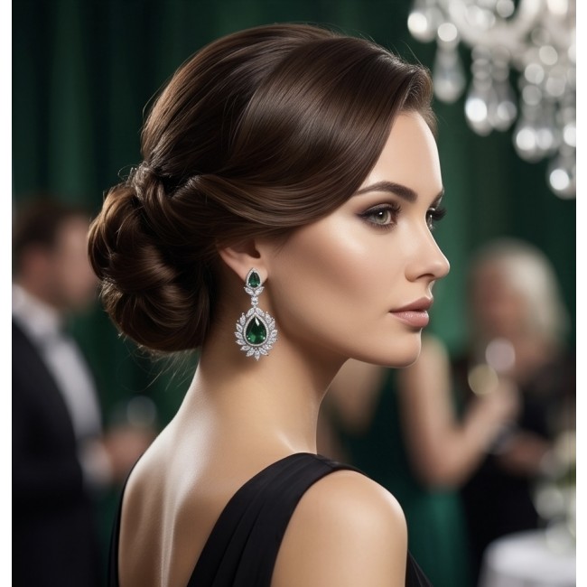 Magnificent Jewel 17.5 carat Emerald 14K white Gold over .925 Sterling Silver handcrafted earrings - Side view showcasing 17.5 carat emerald earrings in elegant setting.