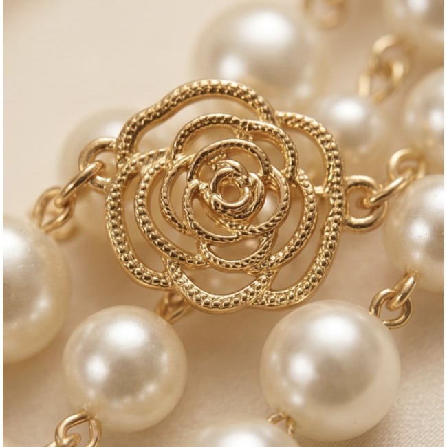 Sublime 60 inches long FRESH WATER PEARL 10k Gold over .925 Sterling Silver handmade Necklace - Close-up of gold floral clasp and pearls on necklace.