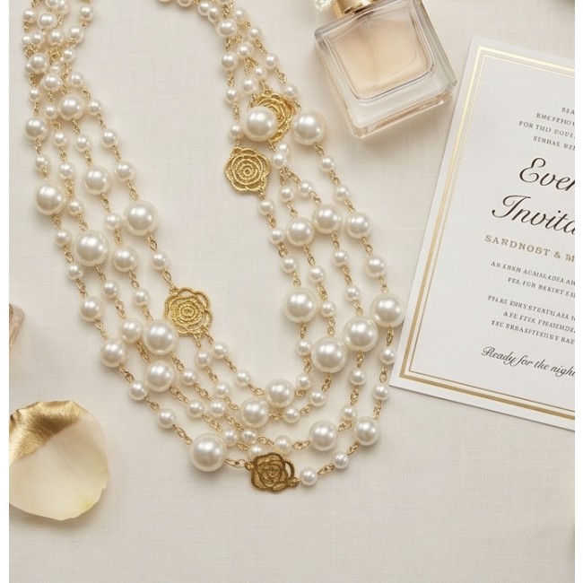 Sublime 60 inches long FRESH WATER PEARL 10k Gold over .925 Sterling Silver handmade Necklace - Top view of pearl necklace with gold accents and invitation card.