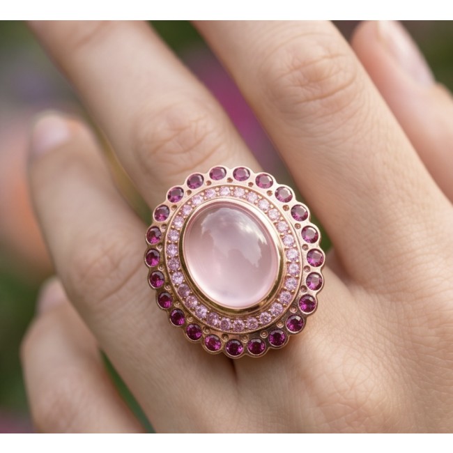 Vivien - Natural 25.8 carat pear cut BRAZILIAN Rose Quartz .925 Sterling Silver dipped in 22K Rose Gold handmade Statement Ring size 6 - Rose Quartz ring close-up, worn on hand, surrounded by pink stones.