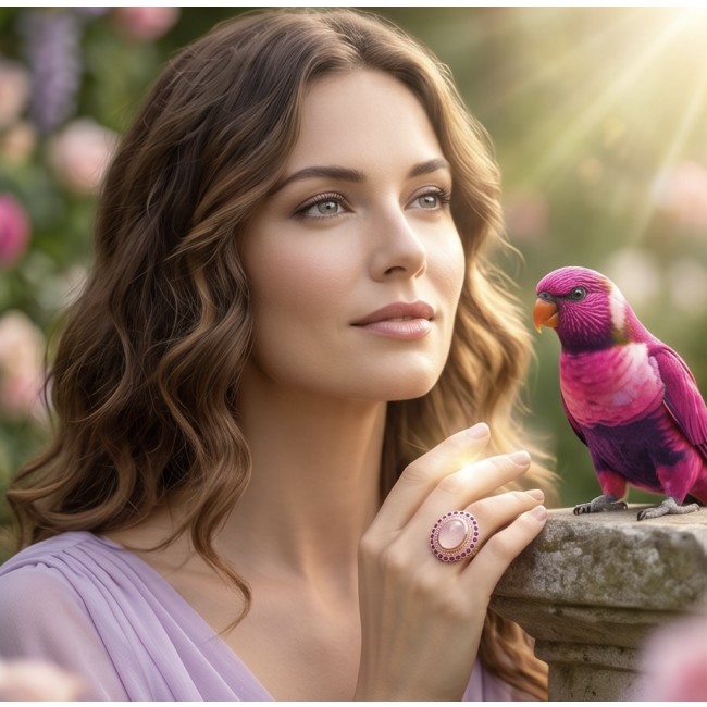 Vivien - Natural 25.8 carat pear cut BRAZILIAN Rose Quartz .925 Sterling Silver dipped in 22K Rose Gold handmade Statement Ring size 6 - Rose Quartz ring worn on hand beside a colorful bird in garden setting