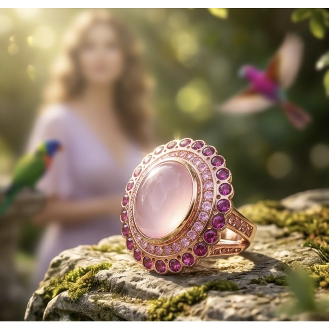 Vivien - Natural 25.8 carat pear cut BRAZILIAN Rose Quartz .925 Sterling Silver dipped in 22K Rose Gold handmade Statement Ring size 6 - Close-up of Vivien ring with Brazilian Rose Quartz on mossy surface.