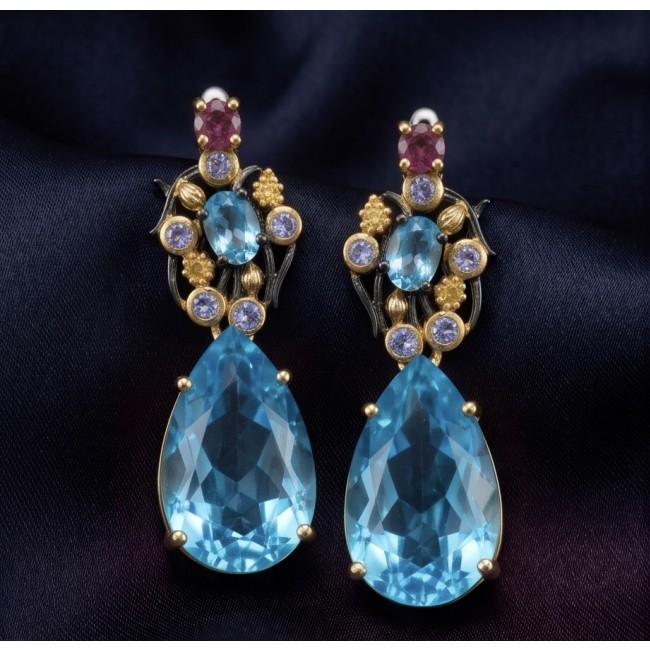 Atlantica 18.7 carat Swiss Blue Topaz BLACK RHODIUM OVER and 18k Gold .925 Sterling Silver Handcrafted Statement earrings - Elegant dangling earrings with blue topaz and gemstone details