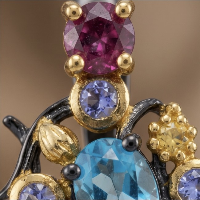 Atlantica 18.7 carat Swiss Blue Topaz BLACK RHODIUM OVER and 18k Gold .925 Sterling Silver Handcrafted Statement earrings - Close-up of gem stones on Atlantica 18.7 carat Swiss Blue Topaz jewelry.