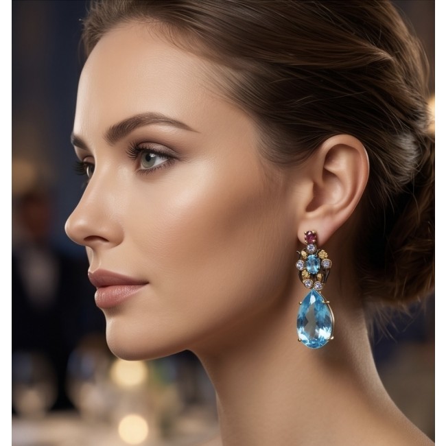 Atlantica 18.7 carat Swiss Blue Topaz BLACK RHODIUM OVER and 18k Gold .925 Sterling Silver Handcrafted Statement earrings - Side view of Atlantica earrings with Swiss Blue Topaz and black rhodium.
