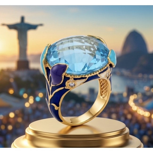 Dolce Vita 25.3 carat genuine Swiss Blue Topaz Enamel .925 Sterling Silver dipped in 22K Gold handcrafted Large ring size 8 1/4 - Close-up of Dolce Vita ring with Swiss Blue Topaz and enamel design
