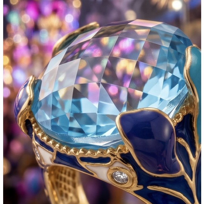 Dolce Vita 25.3 carat genuine Swiss Blue Topaz Enamel .925 Sterling Silver dipped in 22K Gold handcrafted Large ring size 8 1/4 - Close-up of Dolce Vita ring with 25.3 ct Swiss Blue Topaz and enamel accents