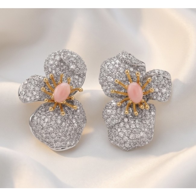 Amazonia - 38.8 carat Pink Opal White Sapphire 2 tones .925 Sterling Silver handmade Statement Earrings - Floral earrings front view, pink opal and white sapphire detailing.