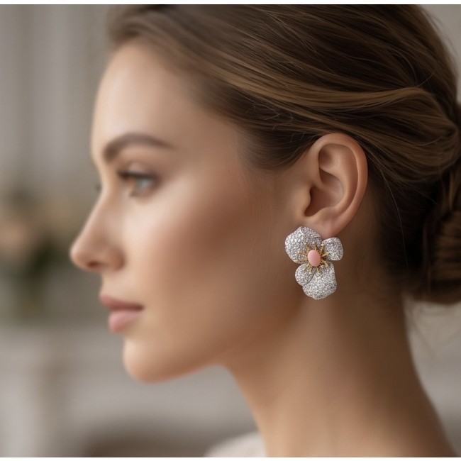 Amazonia - 38.8 carat Pink Opal White Sapphire 2 tones .925 Sterling Silver handmade Statement Earrings - Side view of Amazonia earring with pink opal and white sapphire.