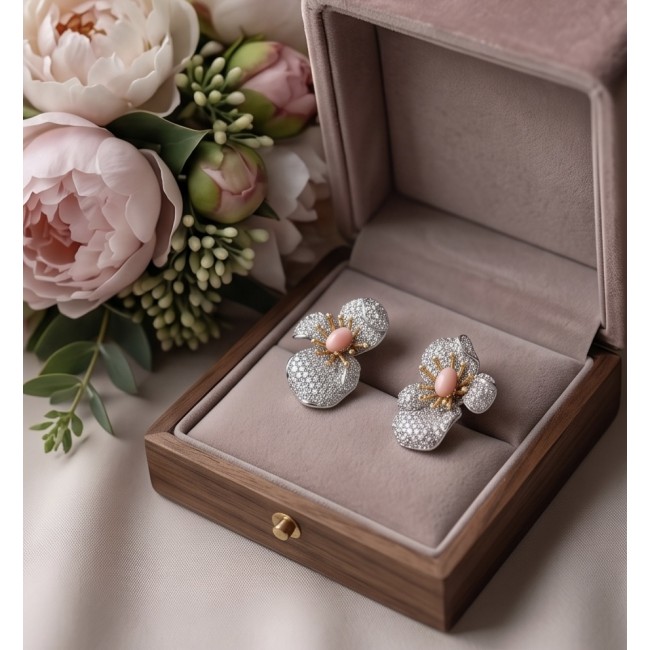 Amazonia - 38.8 carat Pink Opal White Sapphire 2 tones .925 Sterling Silver handmade Statement Earrings - Earrings in open box with pink opal and white sapphire detail.