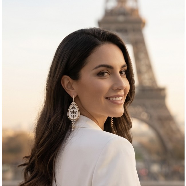 Genuine Blister Pearl lab grown Diamond 18K Gold over .925 Sterling Silver handcrafted Long Statement Earrings - Woman wearing pearl earrings with Eiffel Tower in background