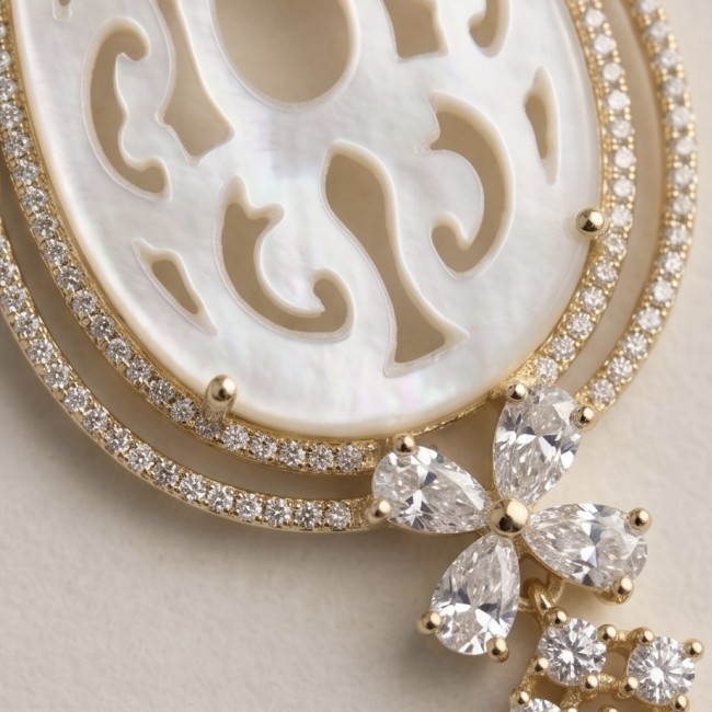Genuine Blister Pearl lab grown Diamond 18K Gold over .925 Sterling Silver handcrafted Long Statement Earrings - Close-up of blister pearl and diamond details in 18K gold setting
