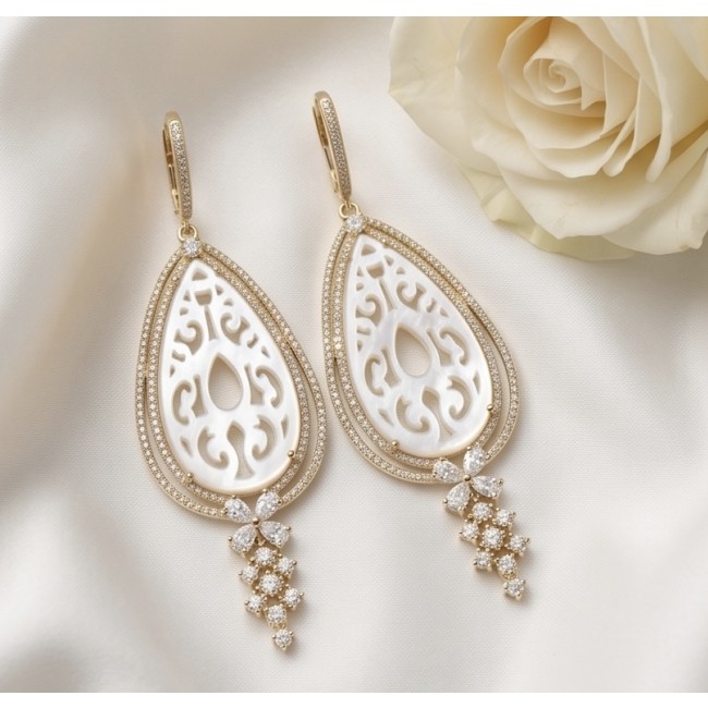 Genuine Blister Pearl lab grown Diamond 18K Gold over .925 Sterling Silver handcrafted Long Statement Earrings - Elegant earrings on satin with blister pearl design and diamond accents.