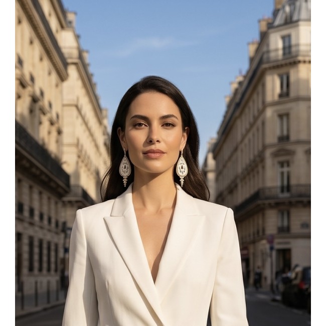 Genuine Blister Pearl lab grown Diamond 18K Gold over .925 Sterling Silver handcrafted Long Statement Earrings - Woman wearing pearl and diamond earrings on an urban street.