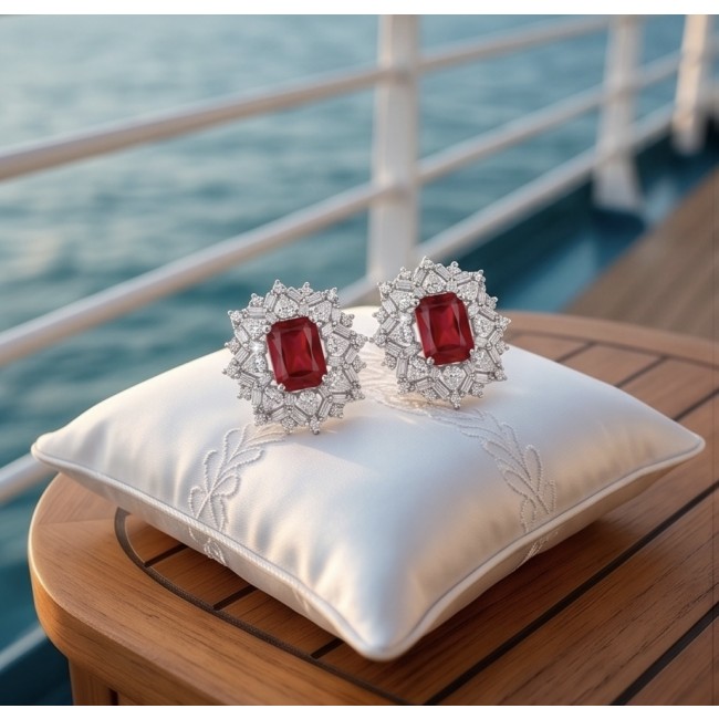 Antonia 4.5 carat Ruby dippedin rhodium .925 Sterling Silver brilliantly handcrafted earrings - Ruby earrings on cushion, close-up, showing rhodium and silver details