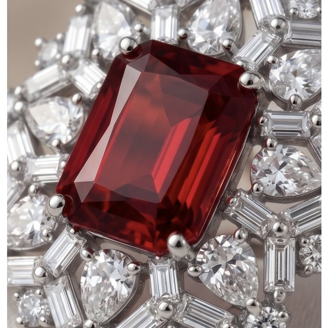 Antonia 4.5 carat Ruby dippedin rhodium .925 Sterling Silver brilliantly handcrafted earrings - Ruby and diamond close-up on rhodium .925 sterling silver.