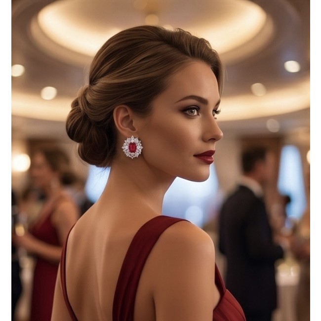 Antonia 4.5 carat Ruby dippedin rhodium .925 Sterling Silver brilliantly handcrafted earrings - Side view of woman wearing Antonia 4.5 carat ruby earrings.