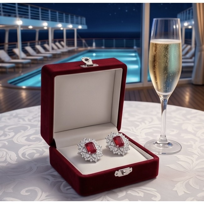 Antonia 4.5 carat Ruby dippedin rhodium .925 Sterling Silver brilliantly handcrafted earrings - Earrings in red velvet box with champagne, cruise ship deck in background