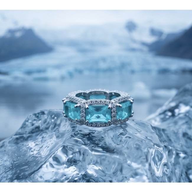 Angel's Wish 22.8 carat Aquamarine .925 Sterling Silver handcrafted infinity ring size 8 - Close-up of Angel's Wish aquamarine ring on ice, 22.8 carat stones.