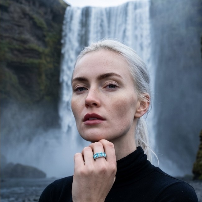 Angel's Wish 22.8 carat Aquamarine .925 Sterling Silver handcrafted infinity ring size 8 - Worn on hand, Angel's Wish 22.8 carat Aquamarine in front of waterfall