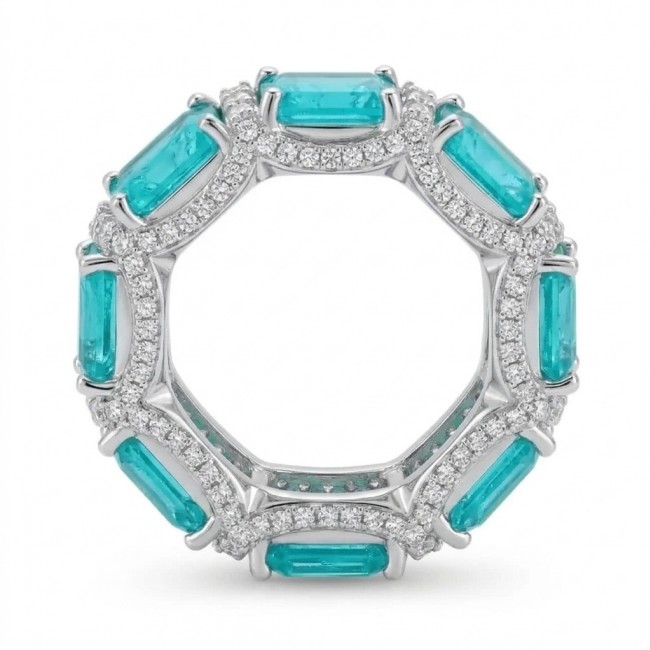 Angel's Wish 22.8 carat Aquamarine .925 Sterling Silver handcrafted infinity ring size 8 - Aquamarine and silver ring, facing view, showing detailed stones