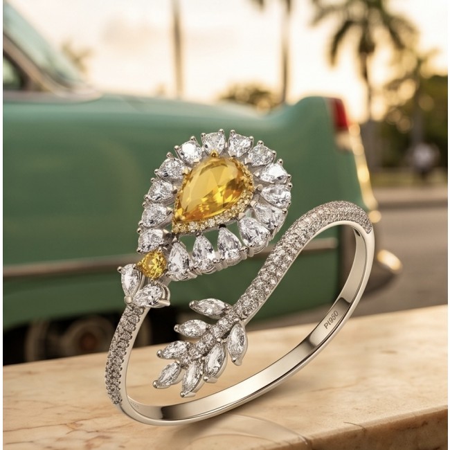 Dolce Vita - Precious Natural 18.5 carat yellow Sapphire .925 Sterling Silver handcrafted LARGE bracelet - Close-up of Dolce Vita ring with yellow sapphire and diamond accents.