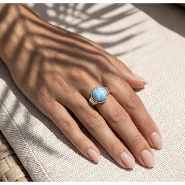 7.9 carat Blue Perfection natural Larimar .925 Sterling Silver handmade ring size 7 1/4 - Larimar ring worn on hand, natural light highlighting stone.